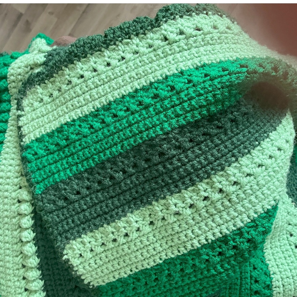 Handmade Crochet Throw Blanket Green Striped Bobble Stitch Afghan 37x50 Boho - Picture 7 of 7
